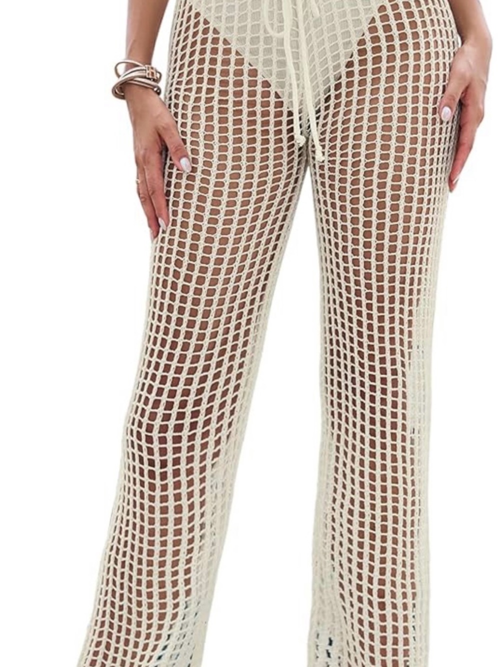 Women's Crochet Mesh Wide-Leg Pants - Cream